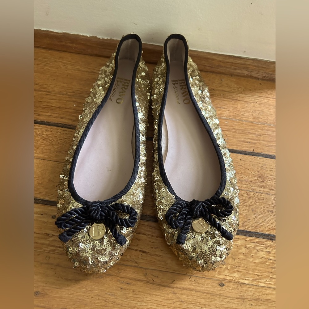 Bravo Browns gold sequin black ribbon ballet flats